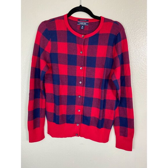 Lands End Supima Cotton Red Blue Buffalo Plaid Button Cardigan Sweater Medium - Picture 14 of 14